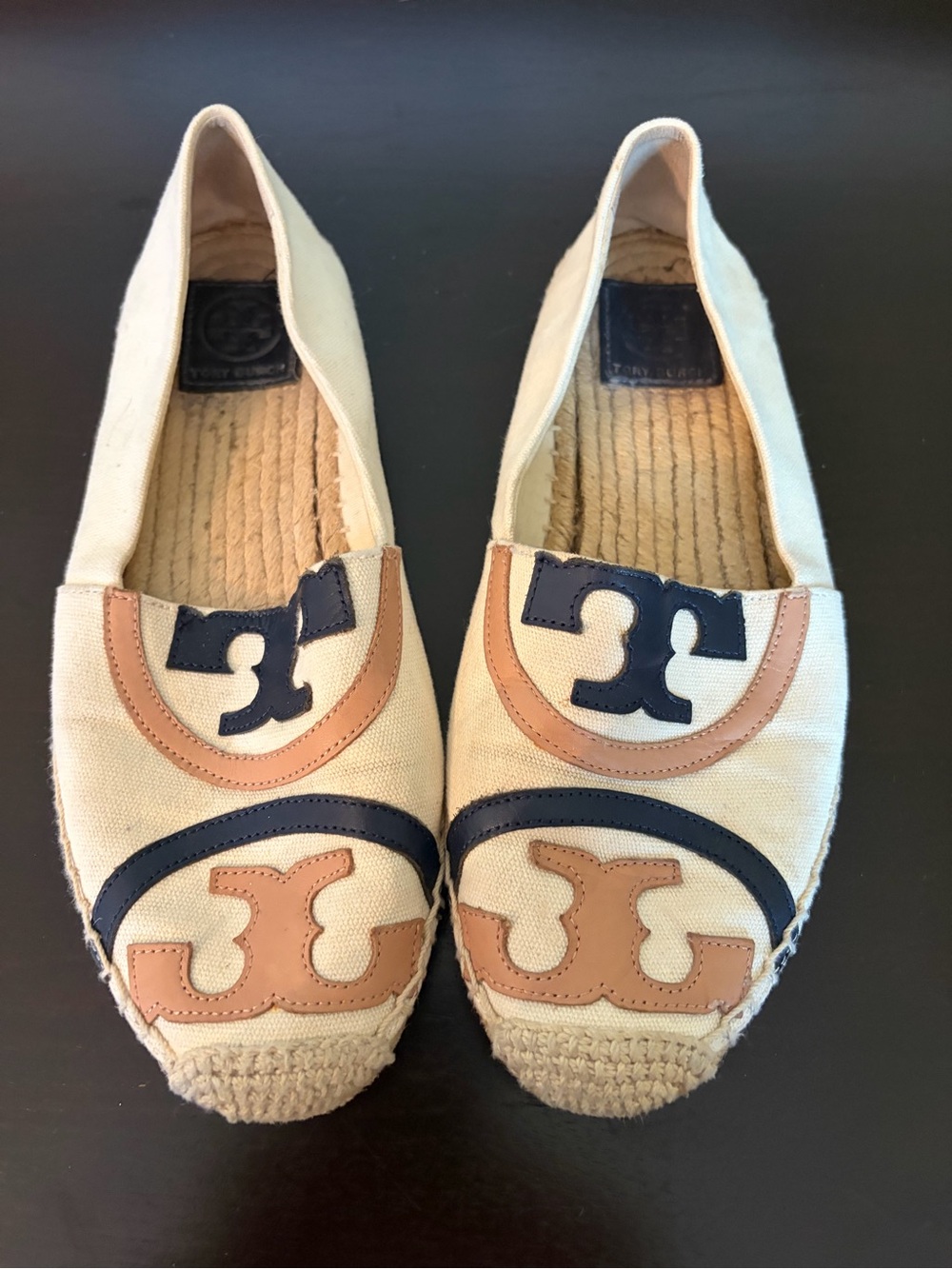 Tory Burch Cream Canvas Espadrilles with Navy & Tan Leather Trim